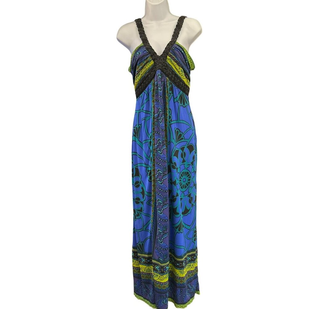 Hale Bob Women's Blue Green Bohemian Floral Maxi Dress Braided Straps Small